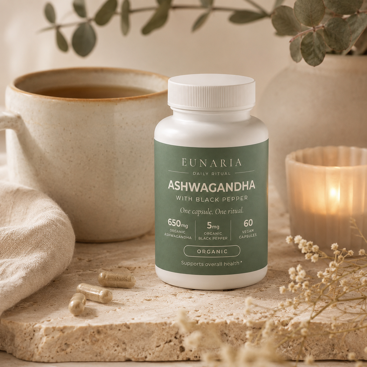 EUNARIA Pure Ashwagandha supplement facts and packaging details