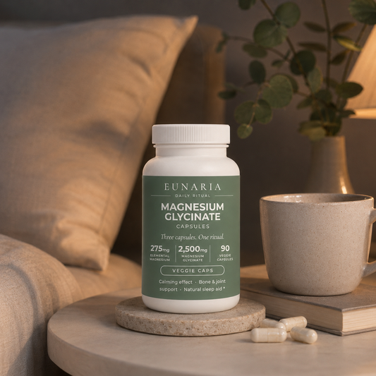 Eunaria Magnesium Glycinate 275mg capsules - evening calm and rest support