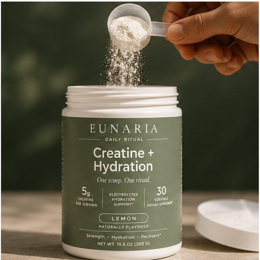 Scoop of Eunaria Creatine + Hydration powder being added to open jar