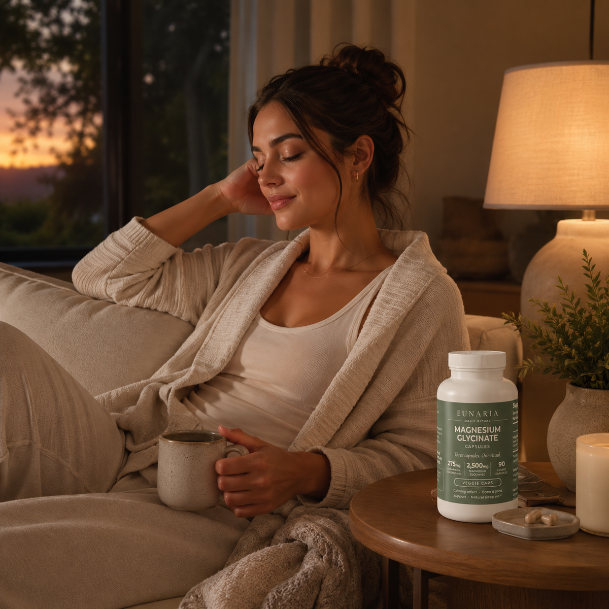 Woman including EUNARIA Magnesium Glycinate in an evening routine