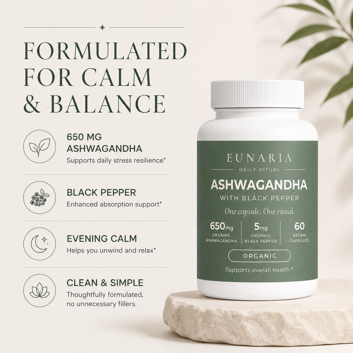 EUNARIA Pure Ashwagandha product benefits overview