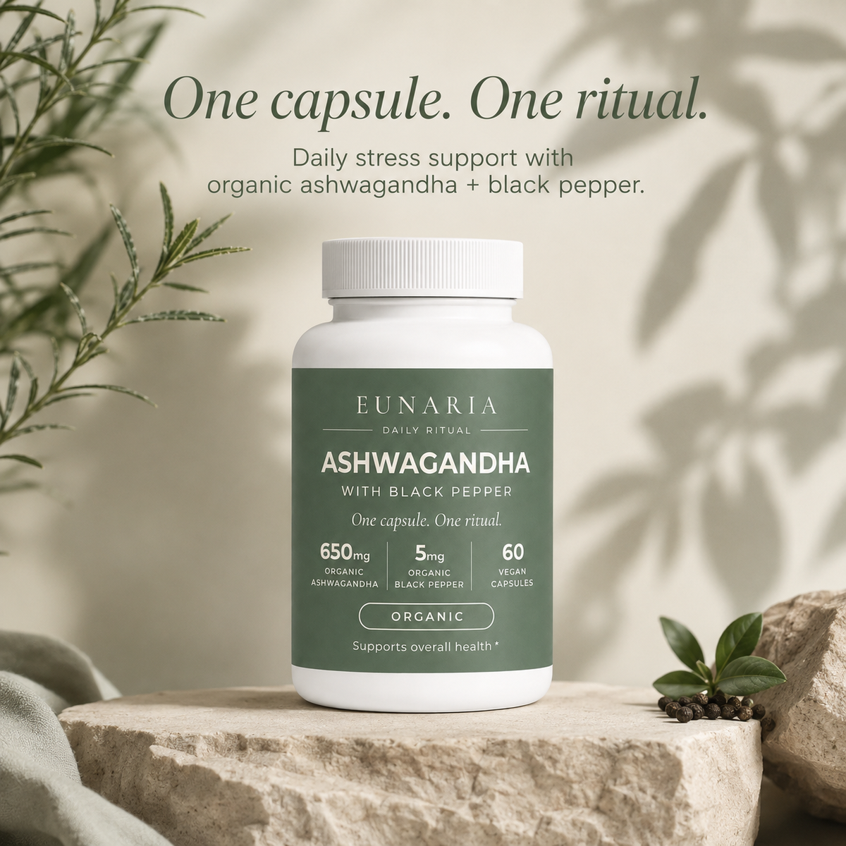 EUNARIA Pure Ashwagandha active ingredients and serving amounts