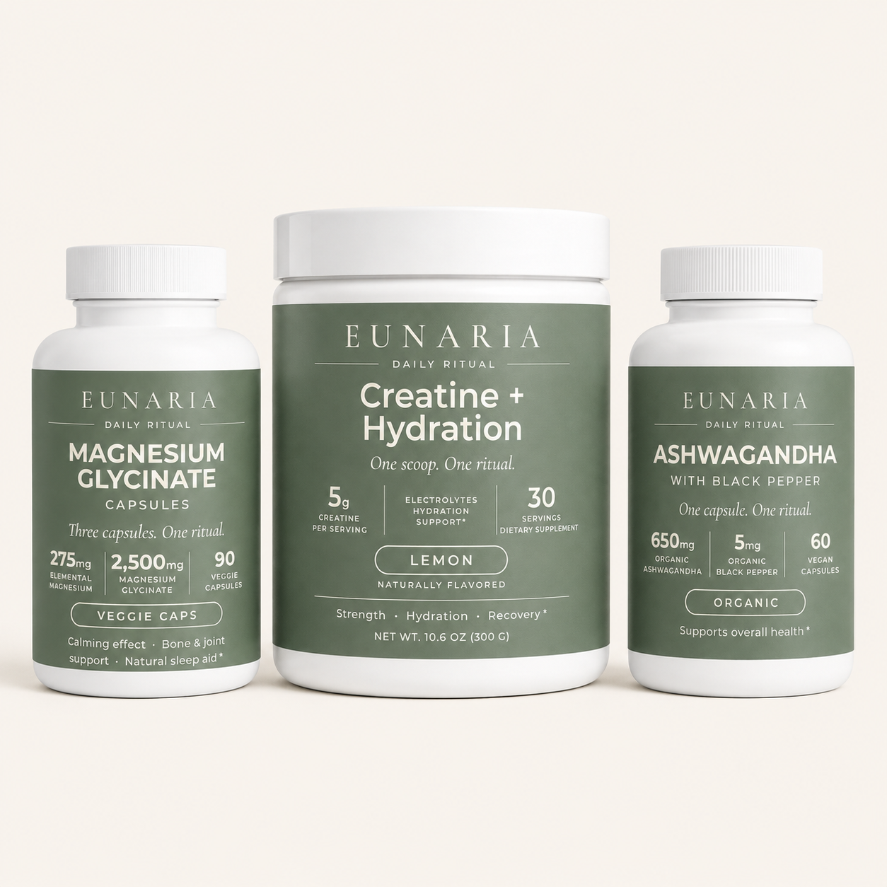 Eunaria Complete Daily Ritual Bundle - Creatine, Magnesium, and Ashwagandha