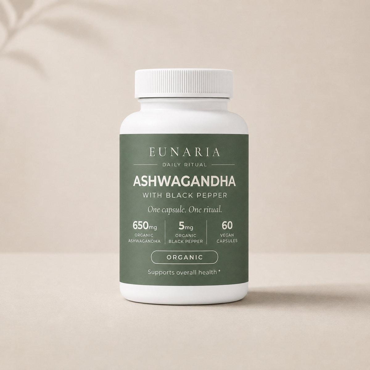 EUNARIA Pure Ashwagandha with Black Pepper bottle on a cream background