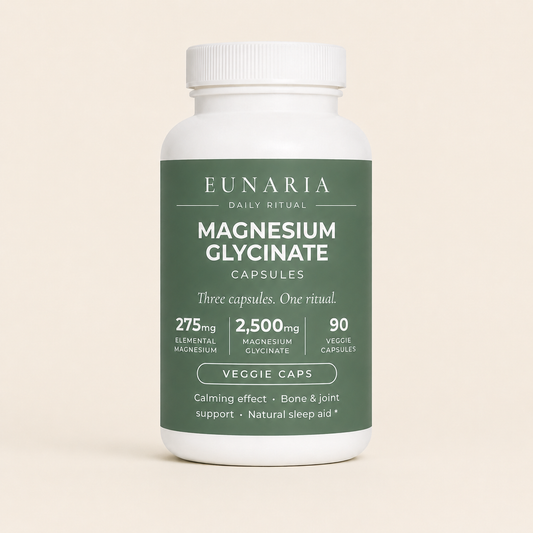 Eunaria Magnesium Glycinate supplement jar on neutral background